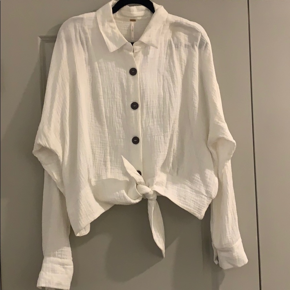 Free People White Tie-Front Button Down Blouse